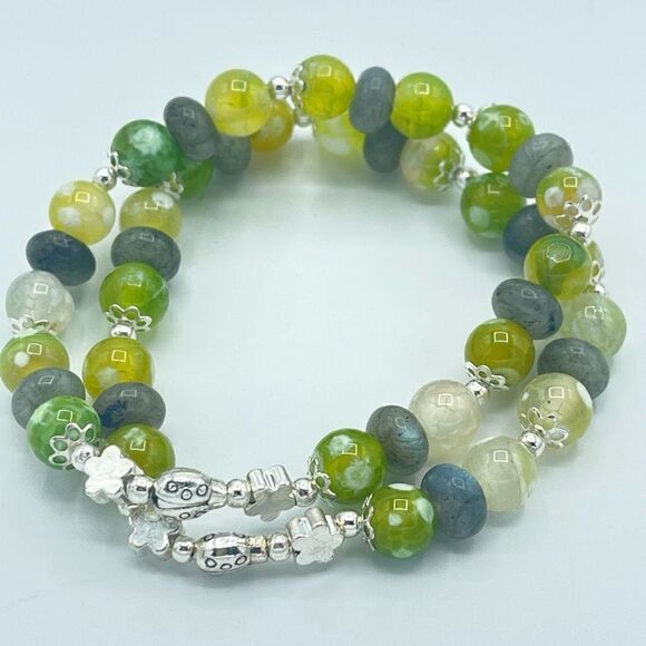 Ladybug labradorite green orca agate beaded stretch bracelet ONE NEW crystal - Picture 3 of 8